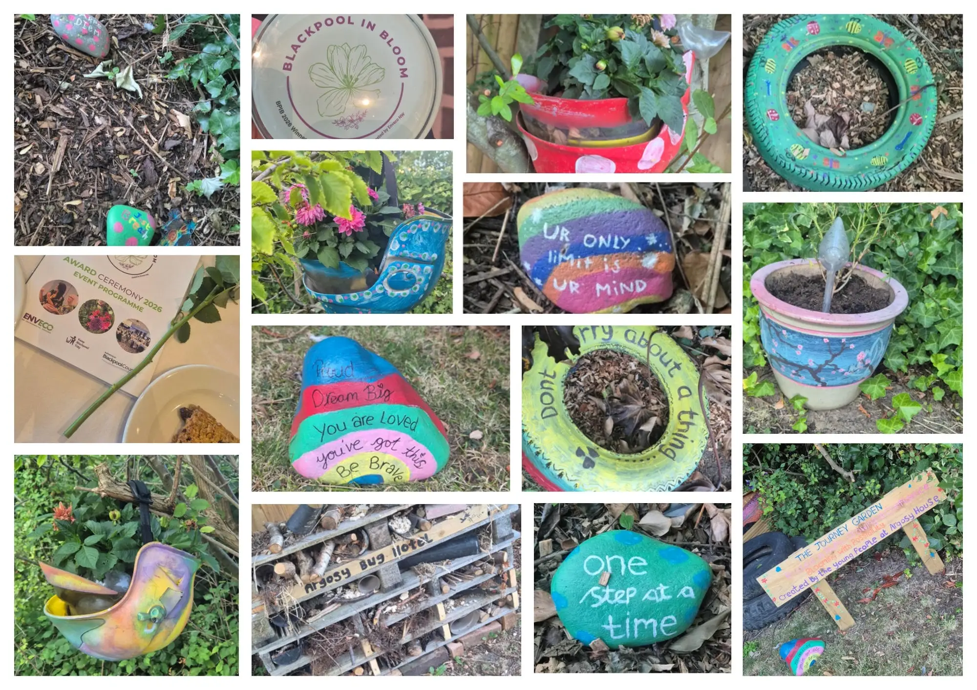 collage of the communal garden featuring decorative stones, bug hotel and plants