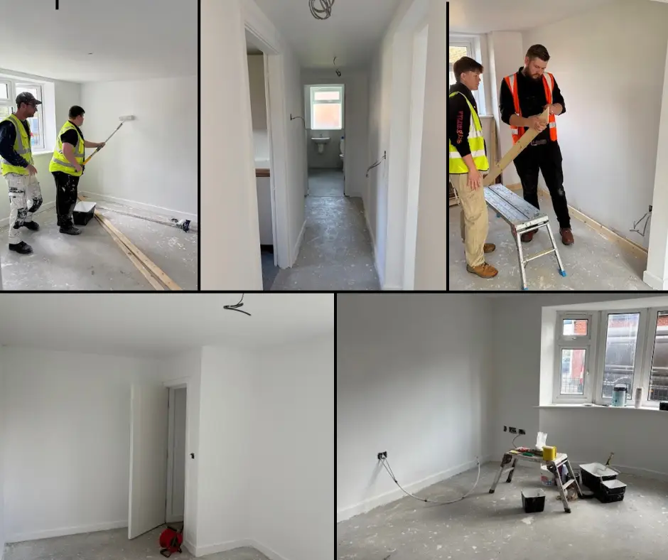 College students working with Bambers and photos of the plastered work