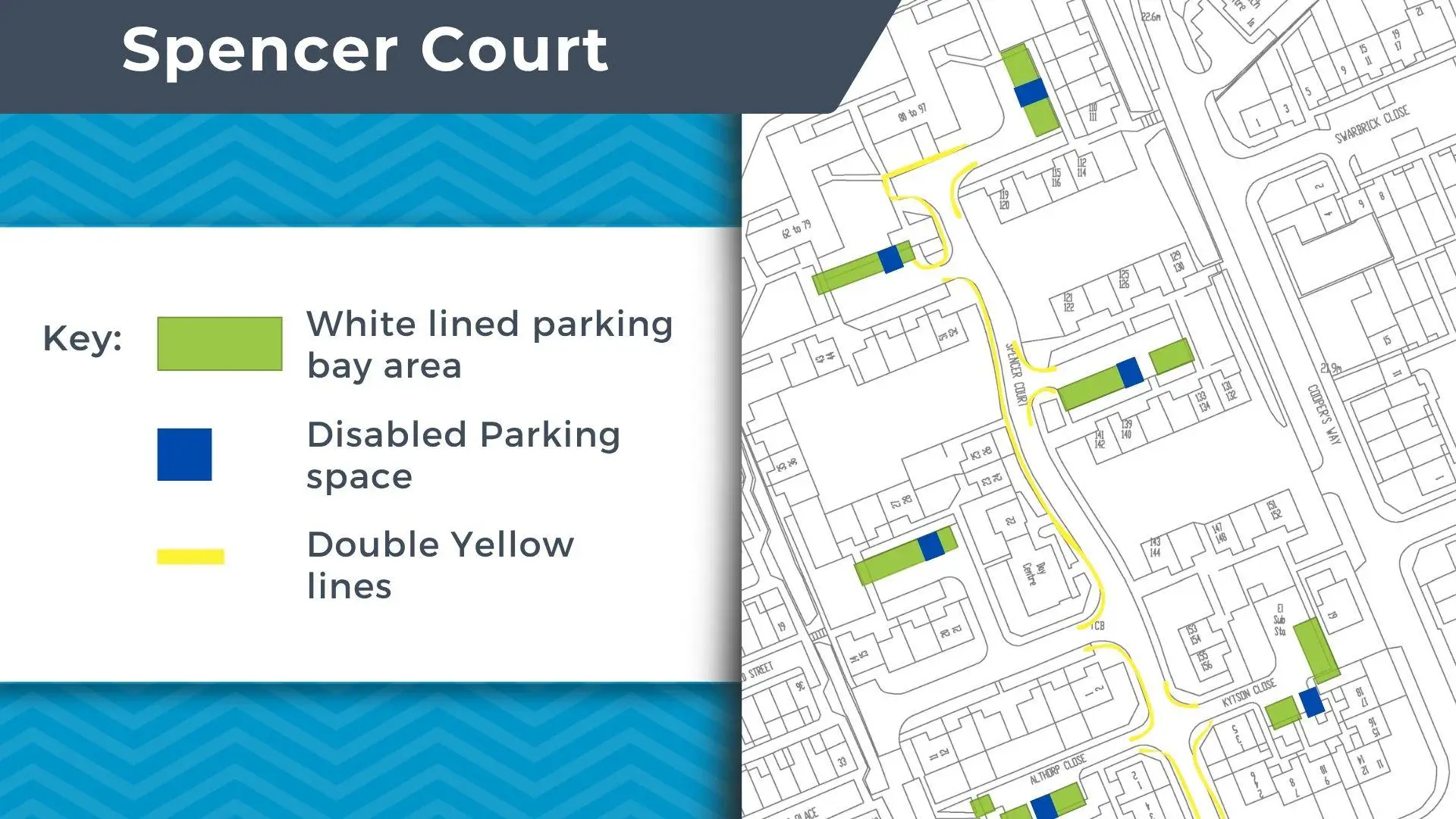 Aerial view of Spencer Court with locations for parking bays and double yellow lines