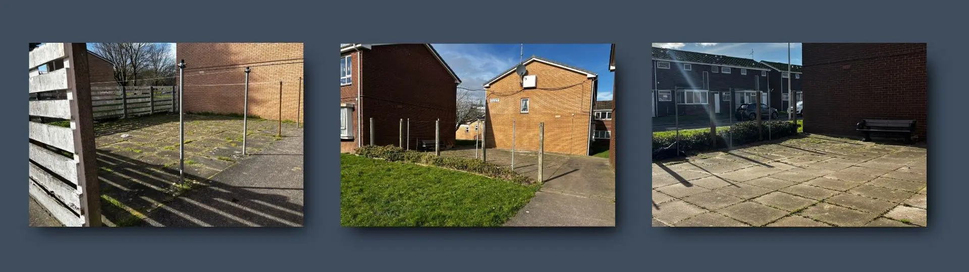 Three images of Stronsay Place drying area before improvement works